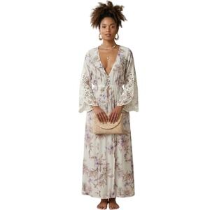 L.I.F.E. Love Is For Eternity Floral Maxi Kimono Dress Crochet Lace White Large
